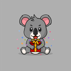 Vector cute baby koala cartoon happy holding gift flat icon illustration. Flat bear vector illustration, flat icon sticker isolated.