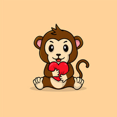 Vector cute baby monkey cartoon happy holding gift flat icon illustration. Flat bear vector illustration, flat icon sticker isolated.