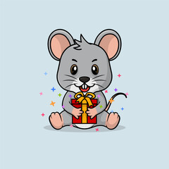 Vector cute baby mouse cartoon happy holding gift flat icon illustration. Flat bear vector illustration, flat icon sticker isolated.