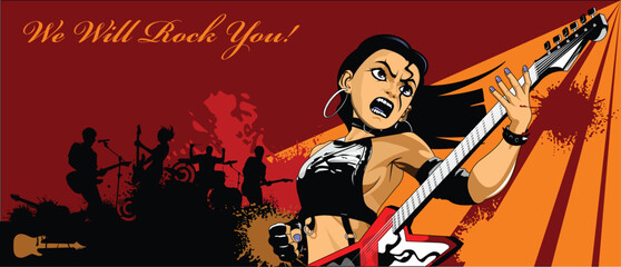 Poster with woman in leather corset playing electric guitar illustration