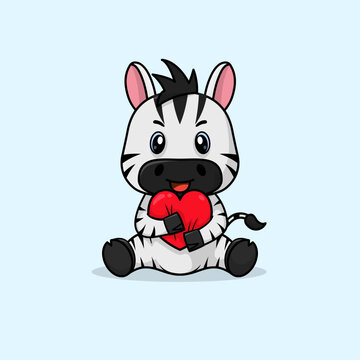 Vector cute baby zebra cartoon happy holding gift flat icon illustration. Flat bear vector illustration, flat icon sticker isolated.