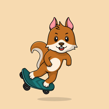 Vector cute baby squirrel cartoon playing skateboard icon flat illustration. Flat bear vector illustration, flat icon sticker isolated.