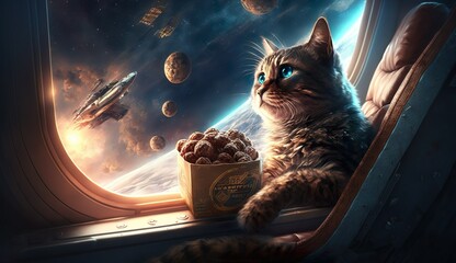 Galaktische Abenteuer: Eine KI-generierte Katze erobert den Weltraum - obrazy, fototapety, plakaty