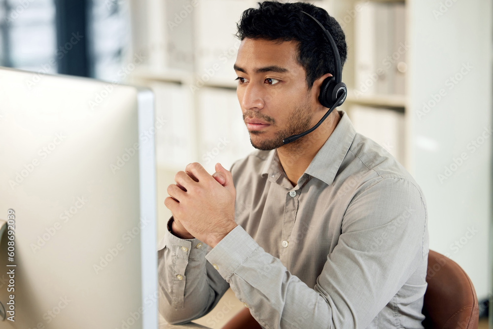 Poster Man at computer, call center and headset with contact us, communication and CRM with tech support. Customer service, help desk and telemarketing with serious male consultant and professional service