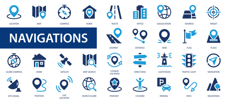 Navigation and location icons set. Map pointer, location, map, GPS, route, compass simple icon symbol. Flat icons collection.