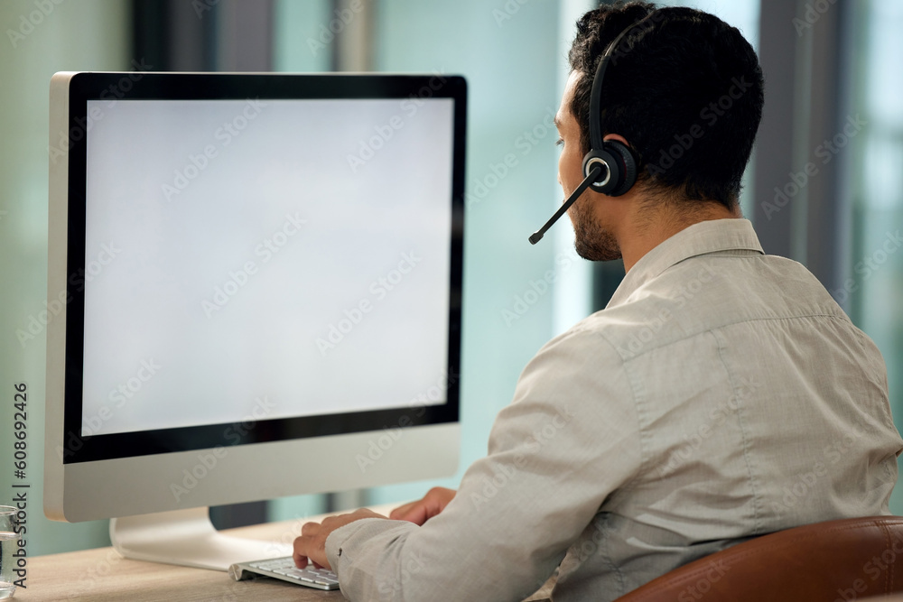 Aufkleber call center, man and back with computer, typing and blank screen for copy space, telemarketing and m