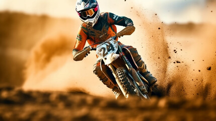 Close - up of mountain motocross race in dirt track in day time. Concept focus of during an acceleration in action sport Splashing sand