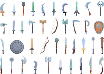 Game weapon icons set cartoon vector. Shield warrior. Chest weapon - obrazy, fototapety, plakaty