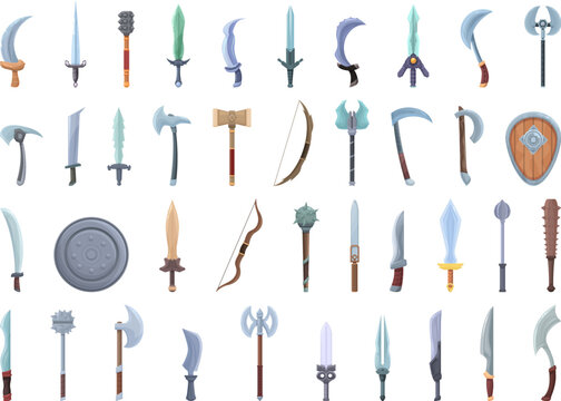 Game weapon icons set cartoon vector. Shield warrior. Chest weapon
