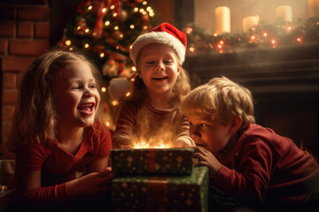 Obraz na płótnie Canvas Happy kids in room full of Christmas decoration. Generative ai