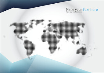 Halftone world map illustration modern graphic template in white, black, blue and turquoise colors. Blank concept