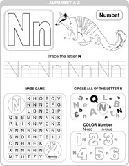 Worksheet for learning alphabet. Kids learning material. Letter N