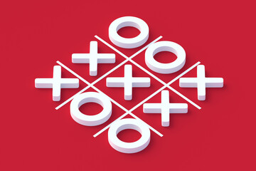 Tic tac toe game on red background. Funny leisure. 3d render