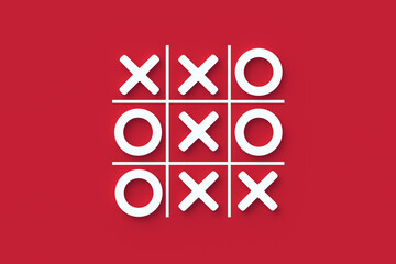 Tic tac toe game on red background. Funny leisure. Top view. 3d render