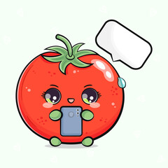 Tomato with a smartphone in hand. Vector hand drawn cartoon kawaii character illustration icon. Isolated on white background. Tomato character concept