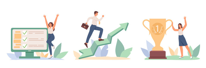 Success at work. Female and male vector characters celebrating career advancement. Successful completion of project, conclusion of profitable agreement. Job development, promotion