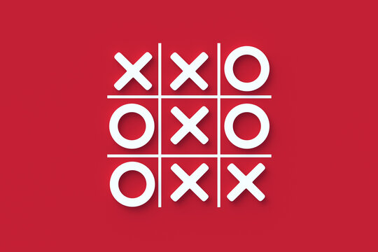 Tic tac toe game on red background. Funny leisure. Top view. 3d render