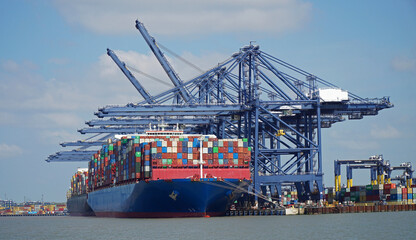 Large Container Ships  being loaded at Felixstowe Port.