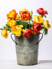 Bucket of whith yellow and red peonies with lush green leaves on white background