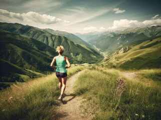 Naklejka na ściany i meble A beautiful athletic woman runs in a mountains area