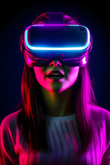 Asian Woman Using VR Headset in Colorful Neon-Lit Environment