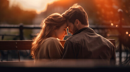 Young couple in love sitting on a bench against sunrise with a city view