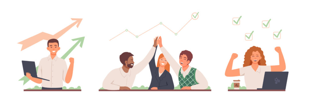Set of story illustrations about success at work. Young workers are moving up career ladder. Promotion at work. Growth of indicators, achievement of set goal, implementation of plan