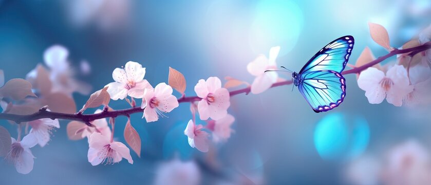 Beautiful blue butterfly in flight over branch of flowering apricot tree in spring at Sunrise on light blue and violet background macro. Amazing elegant artistic image nature in spring