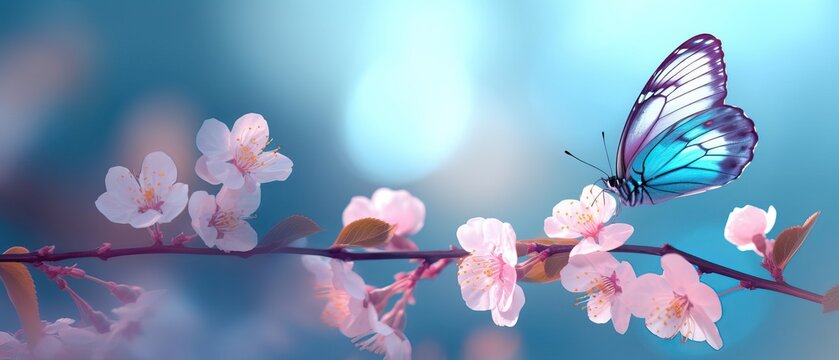 Beautiful blue butterfly in flight over branch of flowering apricot tree in spring at Sunrise on light blue and violet background macro. Amazing elegant artistic image nature in spring