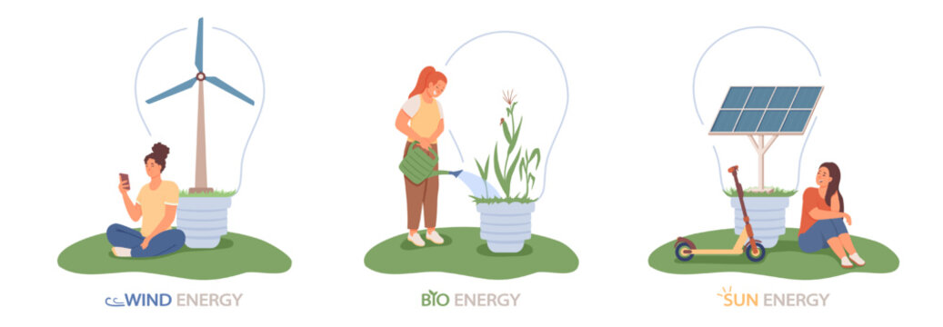 Set of color illustrations about sun, wind and bio energy. Female vector characters monitor accumulation and use of natural resources. Care for environment