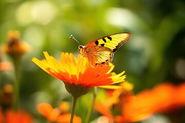 Fototapeta premium Beautiful cute yellow butterfly on orange flower in nature outdoors in spring summer on bright sunny day, macro. Beautiful blurry bokeh