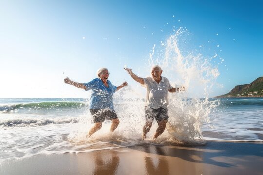 Two elderly having fun with water on the morning beach. Created with Generative Ai Technology