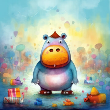 Cute Hippopotamus, Childrens Book Illustration, Generative AI