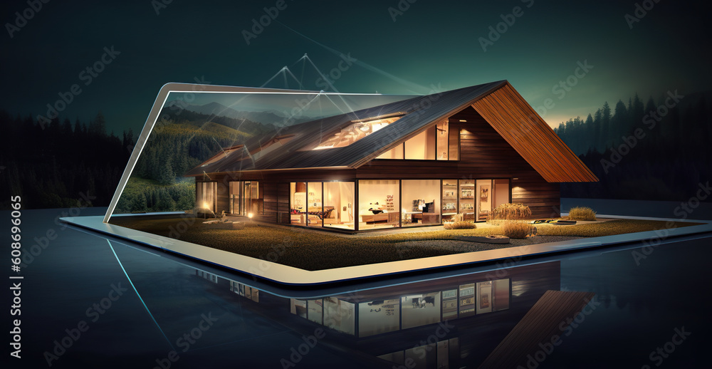Poster a tablet computer with a small house on top of it. generative ai image.