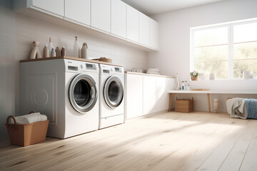 A neatly organized laundry room with a row of washing machines and dryers, clean simple background,  - obrazy, fototapety, plakaty