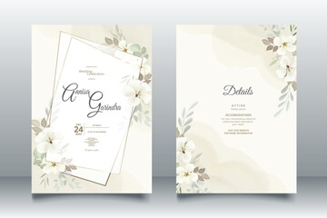 Floral wedding invitation template set with white flower and leaves decoration Premium Vector	
