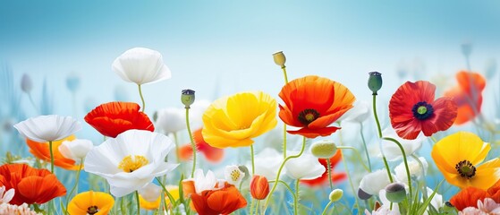 Beautiful spring colorful natural flower background with red yellow and white poppies on light blue background