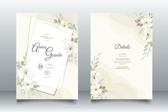 Floral wedding invitation template set with white flower and leaves decoration Premium Vector	
