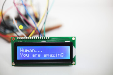 Blue LCD Display displaying the motivational message 'Human You are amazing' with a microcontroller...