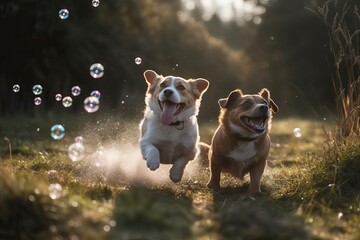 Puppy, Playful dogs chasing after bubbles (Ai generated)