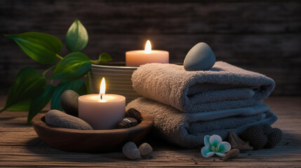 Fototapeta na wymiar Towel, candles burning in the back, small bowl on stones, green leaves