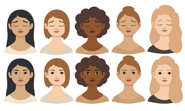 A group of beautiful women with different beauty, hair and skin color. The concept of women, femininity, diversity, independence and equality. Vector illustration.