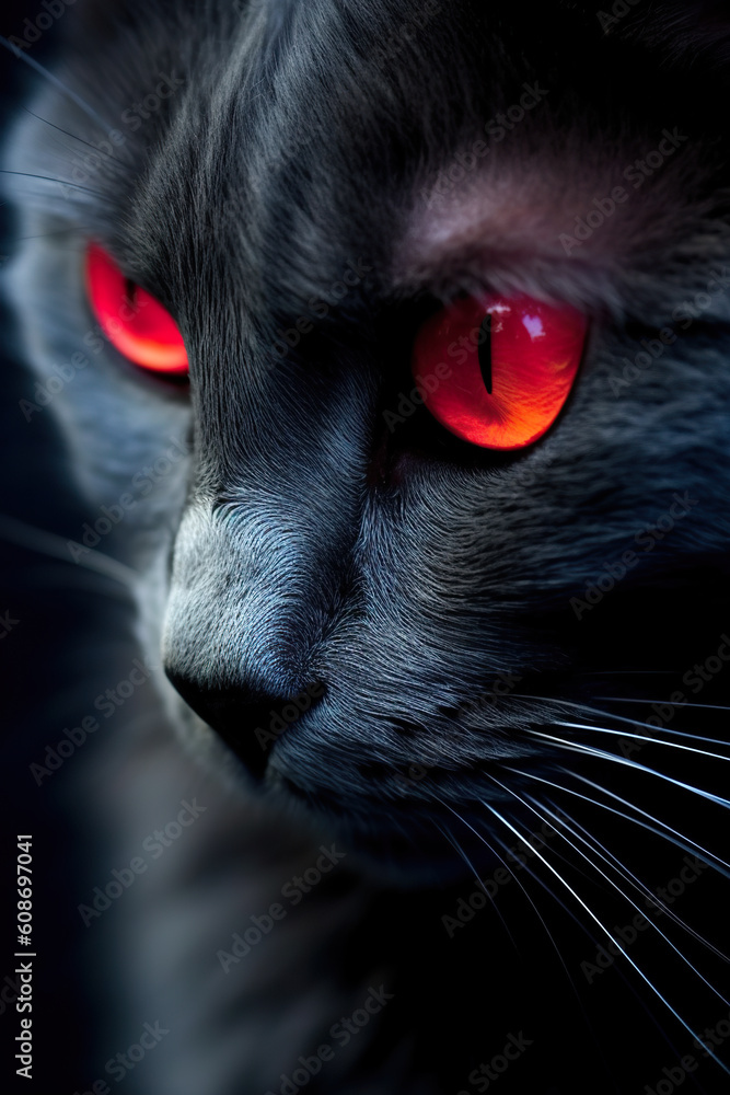 Poster a close up of a cat with red eyes. generative ai.