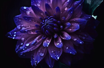 Blue flower with dew drops on black