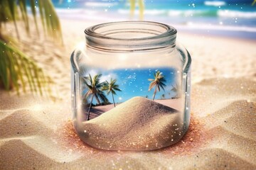 Glass of sand with blurred Palm, tropical beach bokeh (Ai generated)