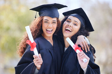 Graduation, learning and portrait of friends at college with diploma certificate for education,...