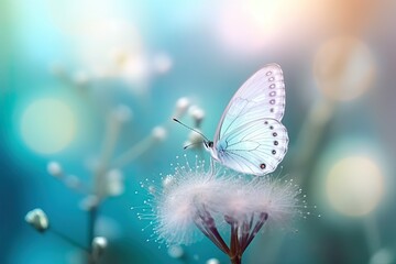 Obraz premium Beautiful white butterfly on white flower buds on a soft blurred blue background spring or summer in nature. Gentle romantic dreamy artistic image, beautiful round bokeh