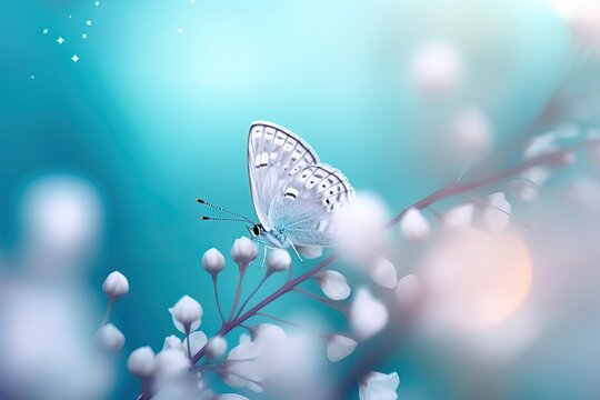 Beautiful white butterfly on white flower buds on a soft blurred blue background spring or summer in nature. Gentle romantic dreamy artistic image, beautiful round bokeh