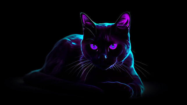 beautiful black cat in neon light on a black