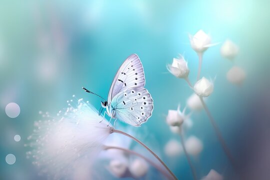 Beautiful white butterfly on white flower buds on a soft blurred blue background spring or summer in nature. Gentle romantic dreamy artistic image, beautiful round bokeh